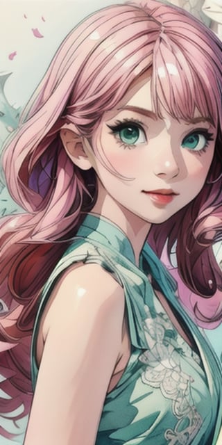 (1cute girl), long aqua curly hair, green eyes, wearing a beautiful pink lace dress. White skin, splat art background, eye_detail, background_detail, face_detail, hair_detail, more_detail, add_detail, adddetailed, cute_face, white_skin, midjourney_style, midjourney_art, full_body, colorful_detail, watercolor_(artwork), light_particles.,1girl