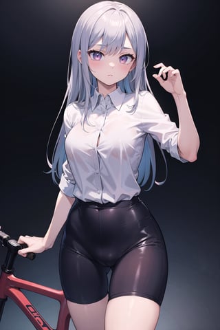 (masterpiece), best quality, high resolution, highly detailed, detailed background, perfect lighting, 1girl, widow's peak, silver eyes, medium breasts, mandarin smooth collar shirt,bike smooth shorts, university