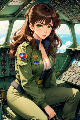 Anime Network, Female Pilot, full body, bored expression, inside WW2 airplane cockpit, art by Masamune Shirow, art by J.C. Leyendecker . anime style, key visual, vibrant, studio anime, ((green military jacket)), ((green military pants)), long curvy messy brown hair, cleavage, yellow eyes