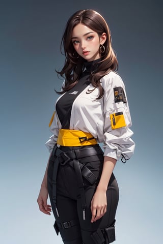  (waist-up shot:1.7), full body, dark brown hair, Perfect face, beautiful detailed yellow eyes, symmetrical eyes, (detailed face),dramatic lighting, (8k, photo, masterpiece), (highest quality), (best shadow), (best illustration), ultra high resolution, 8K wallpapers, physically based rendering, photo, realistic, realism, high contrast, hyperrealism, photography, f1 lens .6, intense colors, hyper-realistic realistic texture, cinestill 800), detailed face, curvy long hair, hair barely in front of her eye, urban black techwear, black clothes, mature woman, milf, serious expression