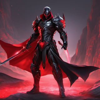 1man. male, solo, wearing black armor, holding red weapon infront of him, holding sword, cape,  simple glowing background , HD, masterpiece, best quality, hyper detailed, ultra detailed,