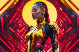 xxmixgirl,body girl,perfect body ,full body,standing up,covered in ruby crystals armored full body,tall girl, wearing pants,cyborg style,xxmix_girl,background electric yellow sky,cyborg,android,portrait_futurism,6000