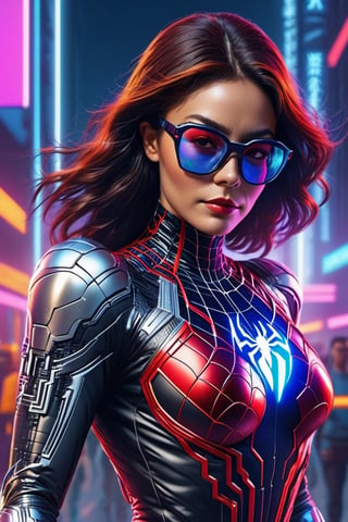 1 oldskool spiderwoman, wearing glasses,soft smiling, full body view,highest level coloring,brightness,Movie Still,cyborg style,cyborg,android,Film,neonlight,Still,Cinematic,vaporwave style,Cinematic Shot,Film Still