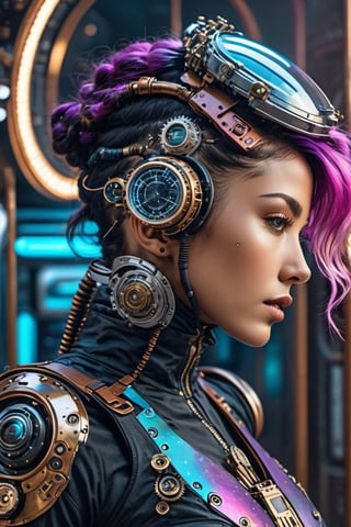 1 perfect half cyborg, space,Celestial, full body view,steampunk style,celistial,highest level coloring,brightness,Movie Still,steampunk,cyborg style,cyborg,android,Film Still,Cinematic,vaporwave style