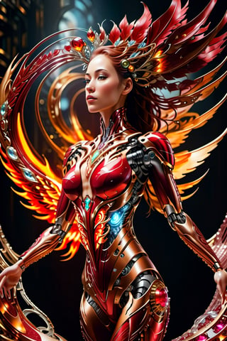 cyborg style, woman,red ruby full body,Phoenix,,isni,background crystals,cyborg,HZ Steampunk,Phoenix fire