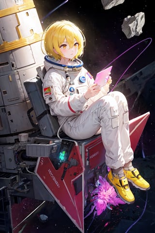 DonDef,masterpiece, best quality, highres,dondef, 1girl, solo, short hair, blonde hair, yellow eyes, hair between eyes, A bioluminescent astronaut in a hi-tech space suit, floating in the dark space among glowing asteroids, neon colors, high contrast,perfect light,transparent astronaut aquarium helmet,side view,full body