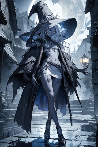 (masterpiece fantasy cinematic,  best quality,  night:1.3),  full body,  (a dark elf girl:1.1),  pointy ears,  (tiny,  petite,  18 years old:1.2),  white hair,  topless,  gothic clothes,  (colored skin,  grey skin,  dark skin:1.2),  (busty,  sexy:1.1),  medium tits,  narrow waist,  blush,  in love,  (giant silver glowing moon:1.1),  mystic background,  trending on DeviantArt,open chest , 4 arms,the witch's hat,Ranni,Ranni