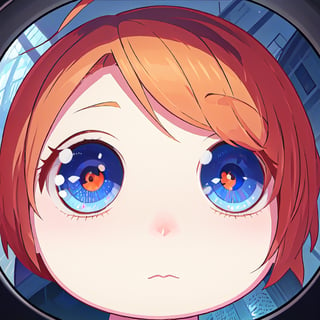 close up,chibi,female,orange bobcut, ponytails,blue eye,closed mouth,fisheye, default_outfit,