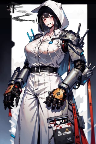 masterpiece, best quality, 1girl, red eyes, black hair, bangs, white shirt, cigaratte, smoking, cigar,mechanical arms,red mechanical hands, blood, gigantic mechanical arms,dynamic pose, nice hands, perfect hands,oversized hooded jacket, bodysuit, cyborg,