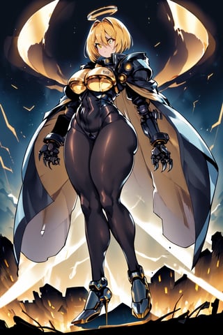 surreal, hyper realistic, HDR, 1girl, solo, futuristic, night time, (massive ass), wide hips, ((((thick thighs)))), ((((pantyhose)))), black mech suit, blue armor, ((big mechanical arms with claws)), (gold halo), (((blue jacket))), ((evil laugh and angry expression)), (apocalyptic sky), lightning, dark background, ((caret haircut), short (gold hair)), ((((gold glowing eyes)))), full body view, standing straight, ((spread legs)), mechanical legs, robot feet, relaxed, robotic accessories
,don quixote \(limbus company\),mechanical arms