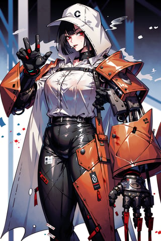 masterpiece, best quality, 1girl, red eyes, black hair, bangs, white shirt, cigaratte, smoking, cigar,mechanical arms,red mechanical hands, blood, gigantic mechanical arms,dynamic pose, nice hands, perfect hands,oversized hooded jacket, bodysuit, cyborg,