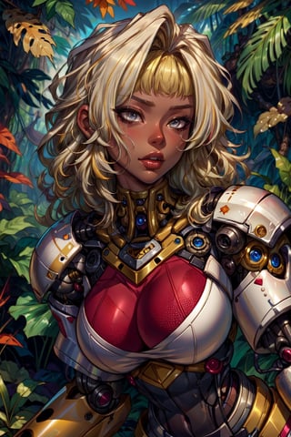 (masterpiece,best quality,absurdres,beautiful,aesthetic,detailed),fantasy,1girl,(dark skin), blonde hair, multicolored hair, grey eyes,fantasy, robo, jungle, ,blonde hair