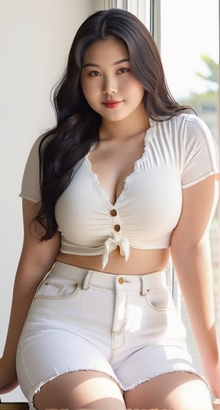 18yo girl, cute japanese face, pale skin, huge chubby body, thin lips, slightly smile, gorgeous long wavy black hair, medium perky breast, cleavage, white short sleeve blouse, white short jeans, sitting and seductive pose, aesthetic white wall, table, window, morning sunlight, popular Instagram style photo