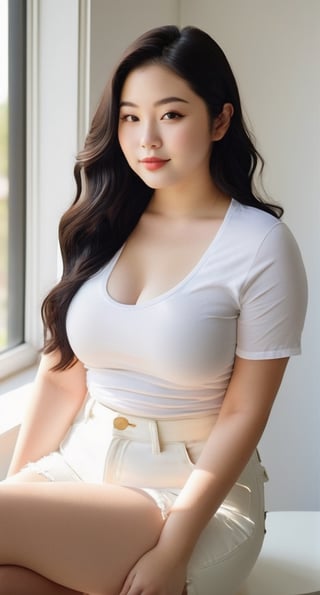 18yo girl, cute japanese face, pale skin, huge chubby body, thin lips, slightly smile, gorgeous long wavy black hair, medium perky breast, white short sleeve blouse, white short jeans, sitting and seductive pose, aesthetic white wall, table, window, morning sunlight, popular Instagram style photo,IMGFIX