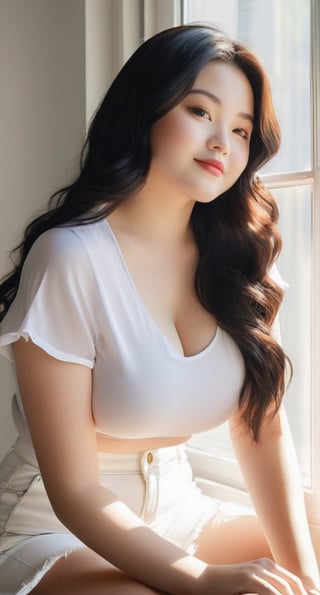 18yo girl, cute japanese face, pale skin, huge chubby body, thin lips, slightly smile, gorgeous long wavy black hair, medium perky breast, white short sleeve blouse, white short jeans, sitting and seductive pose, aesthetic white wall, table, window, morning sunlight, popular Instagram style photo,IMGFIX