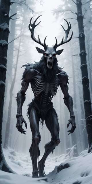 Generate hyper realistic image of a bone-chilling image of a monstrous wendigo, its skeletal form draped in icy, tattered fur, stalking through a snow-covered forest with hollow eyes reflecting the hunger for human flesh.highly detailed, sharp focus.8k,photography style,Extremely Realistic, 