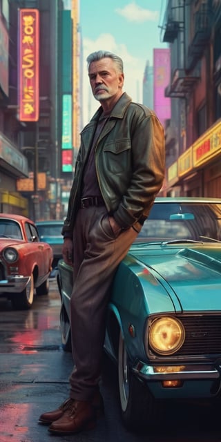 Generate hyper realistic image of a cyberpunk city where a middle-aged man, dressed in retro-inspired clothing, stands near his vintage car. With a wistful expression, he reminisces about the days when cars were fueled by gasoline and the open road was a symbol of freedom, longing for the simplicity and nostalgia of a bygone era