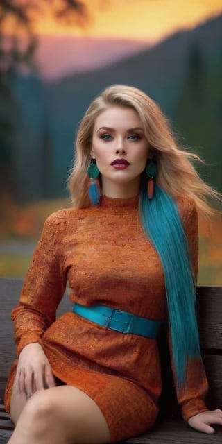 Generate hyper realistic image of a woman with a layered hairstyle in vibrant shades of orange, echoing the warmth of a woodland sunset. Her eyes captivate with intricate multicolored details, and her big red lips, cute nose, and hourglass body add to her allure. Enhanced by black makeup, she sits elegantly on a wooden bench, becoming a muse in the serene beauty of the forest.