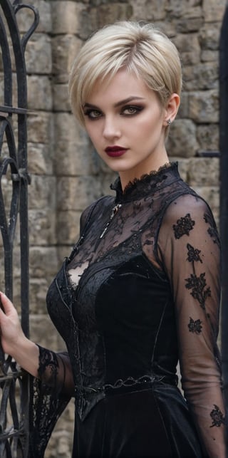 Generate hyper realistic image of a blonde vamp with a pixie cut, gothic makeup, and a dark velvet gown with lace details, playfully haunting a castle courtyard with ancient stone walls and wrought-iron gates.up close