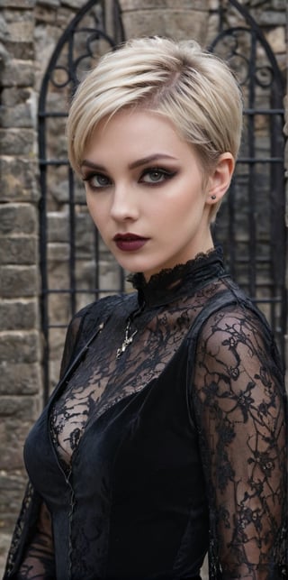 Generate hyper realistic image of a blonde vamp with a pixie cut, gothic makeup, and a dark velvet gown with lace details, playfully haunting a castle courtyard with ancient stone walls and wrought-iron gates.up close