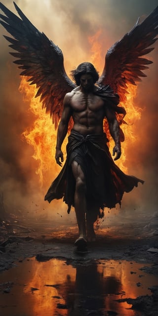  Create a hyper realistic image of hell and its surroundings,  Angel walking foward.colourful , wide , specific, dark , grim, .,photo r3al