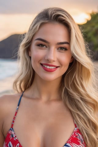 create a hyper realistic image of beautiful woman   shyly smiling at viewer, Long natural blonde hair, wavy hair, walking in hawaii beach , fancy bikini long dark eyebrows, long eyelashes, 
 red lips,make up,round ass and big breast, background of blurred outside , 8k, high detailed, sharp focus.,