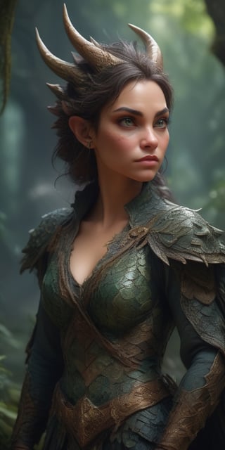 Generate hyper realistic image of a dragon-inspired huntress, adorned with intricate scales and a dragon tail, wielding a formidable weapon. The scene could be set in a mystical forest with hints of dragon presence.up close, portrait,<lora:659095807385103906:1.0>