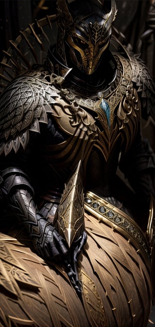 Create a photo realistic  image of anubis in futuristic full body armor . high detailed, sharp focus, black and gold armor, Anubis sitting in throne.