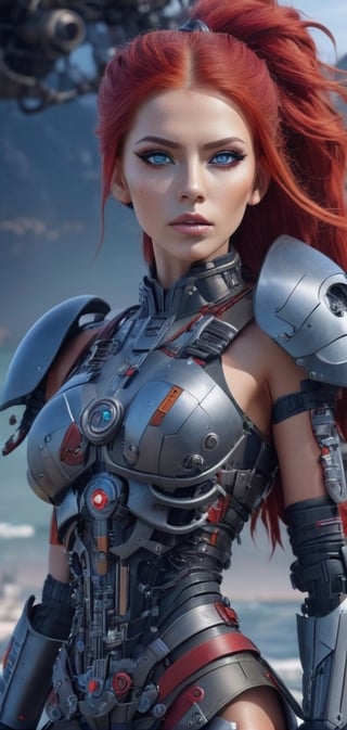 Create a beautiful woman in in futuristic army armor . woman has long red hair , wearing camouflage accoutrements. ponytails. looking stunning. hourglass body,detailed face. high detailed natural face. beautiful ocean blue eyes. background of army base. r3al,cyborg style