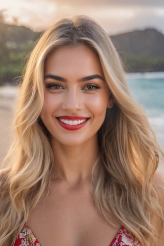 create a hyper realistic image of beautiful woman   shyly smiling at viewer, Long natural blonde hair, wavy hair, walking in hawaii beach , fancy bikini long dark eyebrows, long eyelashes, 
 red lips,make up,, up close, background of blurred outside , 8k, high detailed, sharp focus.,