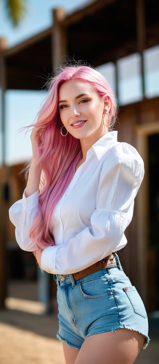 Generate hyper realistic image of a woman with long pink hair styled in a braid, with bangs gently resting on her forehead. She stands outside, smiling at the viewer while wearing a white shirt with puffy sleeves and high-waist shorts. The shirt has long sleeves that puff out, creating a stylish appearance. A ring adorns her finger, and she has earrings that catch the light. Her hair cascades over one shoulder, and the background is blurry, making her the focal point of the cowboy shot.