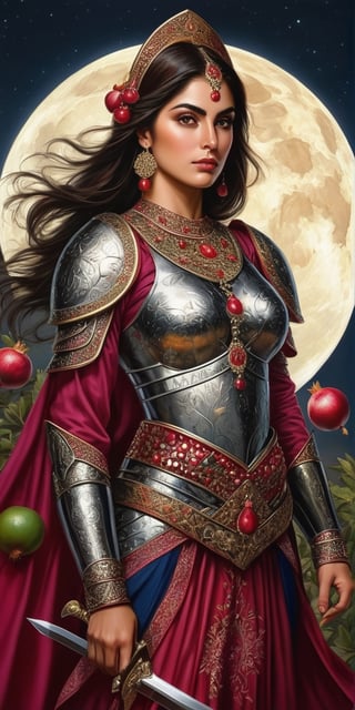 Generate hyper realistic image of a Persian warrioress under the moonlight, with armor inspired by the symbolism of pomegranates. The Moonlit Pomegranate Warrioress wields a weapon resembling the fruit's seeds, representing fertility and abundance on the battlefield.