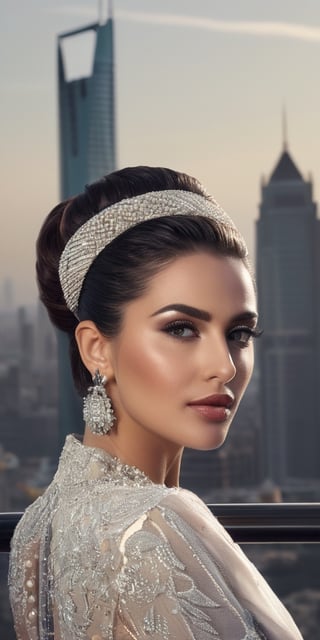 Generate hyper realistic image of a scene featuring a cosmopolitan and sophisticated Arab woman with a sleek updo, dressed in elegant modern attire, attending a high-profile fashion show with a glamorous city skyline as the backdrop.Extremely Realistic, up close, 