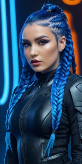 Generate hyper realistic image of a woman with electric blue braided hair, wearing a futuristic-inspired outfit, posing against a backdrop of neon lights and cyberpunk aesthetics. The bold and avant-garde setting is highlighted in a fashion editorial style..highly detailed, sharp focus.8k,photography style,Extremely Realistic