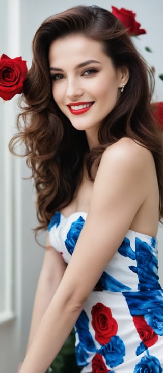 Generate hyper realistic image of a woman gazing at the viewer with a gentle, inviting smile. She is posed seductively in a white strapless dress that features a floral print of red roses. Her long, wavy brown hair flows over her shoulders, and her white nail polish adds a touch of refinement. The background is a vibrant blue, which creates a stunning contrast with her dress. The medium-angle shot emphasizes her natural grace and the delicate beauty of her outfit.