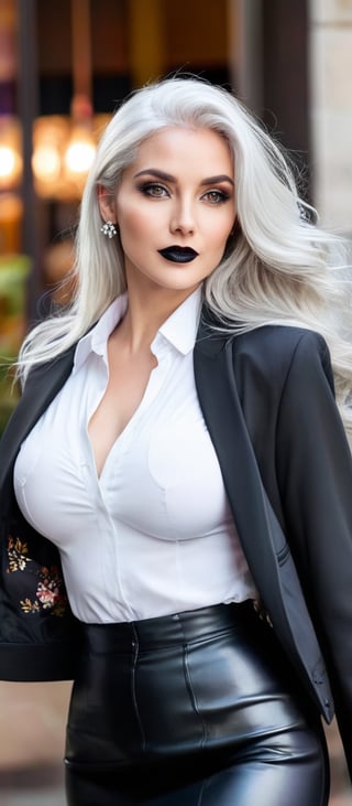 Generate hyper realistic image of a woman with long white hair, wearing a white collared shirt with an open black jacket. The outfit reveals a bit of cleavage and includes a black high-waist skirt, accompanied by black pantyhose. She stands, looking directly at the viewer, her long sleeves elegantly covering her arms at her sides. Her large breasts are noticeable, and she is adorned with jewelry and earrings. Her makeup includes black lipstick, and she has a subtle floral print accessory. Her grey eyes are striking, and she wears a warm smile.