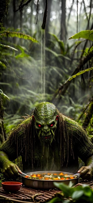  create a photo realistic image of scary looking swamp monster cooking broth in the jungle, sharp focus, high detailed.