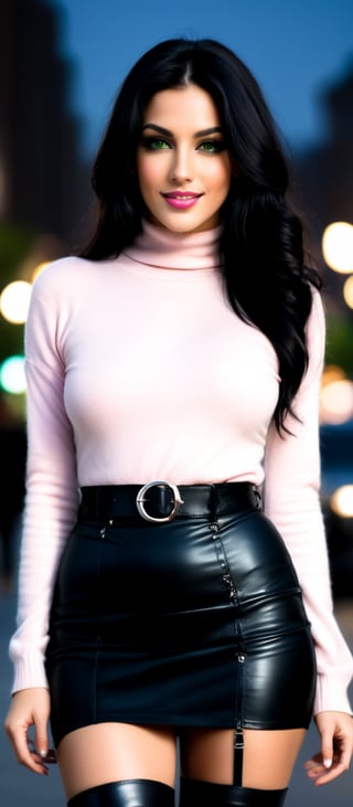 Generate hyper realistic image of a woman with long black hair looking at the viewer with seductive smile, as she walks down the street at night. She is dressed in a black leather skirt, thighhighs, and high heels. The city's blurry lights reflect off her green eyes and black lips. She has one arm at her side while her other hand is in her pocket. She wears a light pink turtleneck sweater with a black belt and garter straps, paired with brown ankle boots.