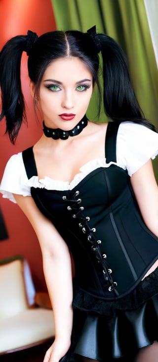 Generate hyper realistic image of a woman with long, black hair styled into two high twin tails. She has a youthful face with striking green eyes and a  slightly mischievous smile. Her makeup is minimal, allowing her natural features to stand out. A black choker with a small pendant enhances her gothic aesthetic. She is wearing a black corset-style top with white frills around the bust area. The corset is tightly laced up in the front, emphasizing her figure and a short, black, ruffled skirt with layers of frills. There are hints of red under the black layers. She is wearing black thigh-high stockings with lace tops, and garters. 