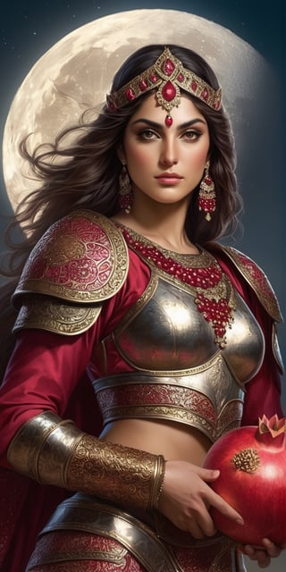 Generate hyper realistic image of a Persian warrioress under the moonlight, with armor inspired by the symbolism of pomegranates. The Moonlit Pomegranate Warrioress wields a weapon resembling the fruit's seeds, representing fertility and abundance on the battlefield.