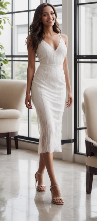 Generate hyper realistic image of a woman, standing solo with long, flowing brown hair cascading over her shoulders. Her alluring smile draws the viewer in as she gazes confidently into the camera. Adorned in an elegant white dress that accentuates her curves, she stands tall indoors, her full body radiating grace and poise. Through the window behind her, the sunlight gently illuminates her dark skin, creating a mesmerizing see-through effect. Completing her ensemble are delicate sandals,