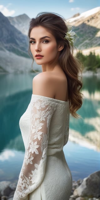 Generate hyper realistic image of a serene image of a model woman near a glistening alpine lake, surrounded by mountainous beauty. Capture her peaceful expressions, stunning eyes, and makeup that resonates with the pristine nature, with a hairstyle that complements the mountainous backdrop.