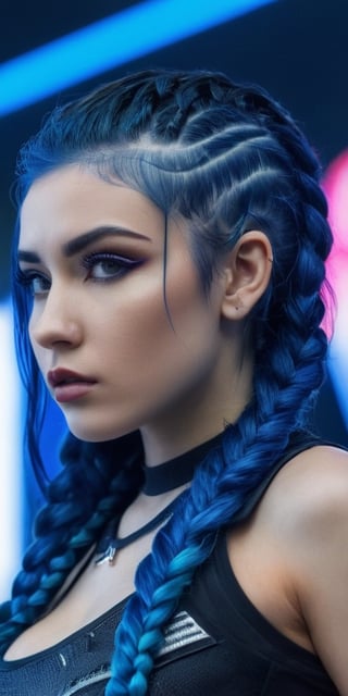 Generate hyper realistic image of a woman with electric blue braided hair, wearing a futuristic-inspired outfit, posing against a backdrop of neon lights and cyberpunk aesthetics. The bold and avant-garde setting is highlighted in a fashion editorial style..highly detailed, sharp focus.8k,photography style,Extremely Realistic