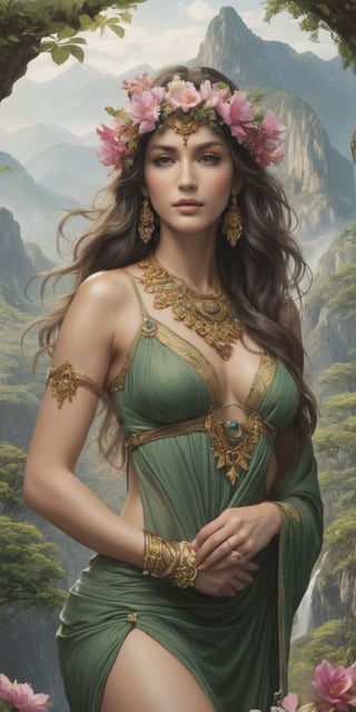 Generate hyper realistic image of a nurturing goddess intertwined with the natural world, adorned with blooming flowers, lush forests, and craggy mountains, symbolizing the grounding and life-giving essence of earth.