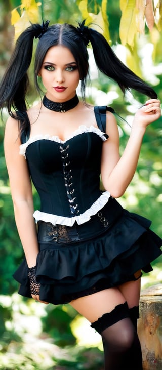 Generate hyper realistic image of a woman with long, black hair styled into two high twin tails. She has a youthful face with striking green eyes and a  slightly mischievous smile. Her makeup is minimal, allowing her natural features to stand out. A black choker with a small pendant enhances her gothic aesthetic. She is wearing a black corset-style top with white frills around the bust area. The corset is tightly laced up in the front, emphasizing her figure and a short, black, ruffled skirt with layers of frills. There are hints of red under the black layers. She is wearing black thigh-high stockings with lace tops, and garters. 