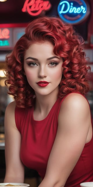 Generate hyper realistic image of a woman with cherry-cola-colored curls, relishing a delightful meal at a retro diner. Emphasize the nostalgic charm with neon signs, vinyl booths, and classic diner aesthetics.