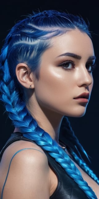 Generate hyper realistic image of a woman with electric blue braided hair, wearing a futuristic-inspired outfit, posing against a backdrop of neon lights and cyberpunk aesthetics. The bold and avant-garde setting is highlighted in a fashion editorial style..highly detailed, sharp focus.8k,photography style,Extremely Realistic