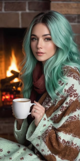 Generate hyper realistic image of a woman with mint-chocolate-colored hair, chilling by a fireplace with a cozy blanket. Capture the serene ambiance as she enjoys a warm drink and the crackling sounds of the fire.