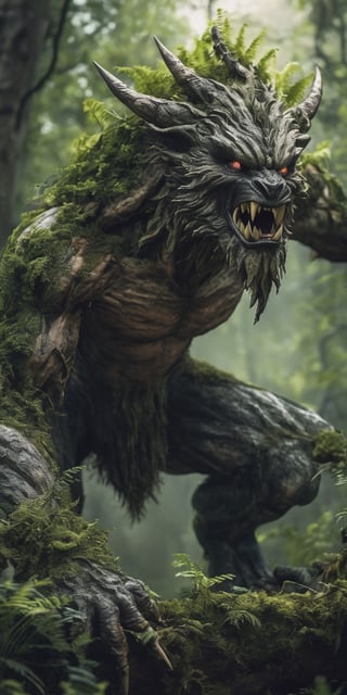  create a plant monster born to protect nature from humans.loving to earth ir hatred towards humans.he is resembling plants and animal beast.background of nature, sharp focus, high detailed.