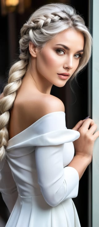 Generate hyper realistic image of a woman depicted in a sophisticated and elegant manner. She has long, silver-blonde hair styled in a loose braid that falls over her shoulder, with a few strands framing her face. Tan complexion with large, expressive grey eyes, a confident expression, and soft, natural makeup. She is wearing a form-fitting, off-the-shoulder white dress with three-quarter sleeves. The dress accentuates her figure, giving her a glamorous and refined look. 